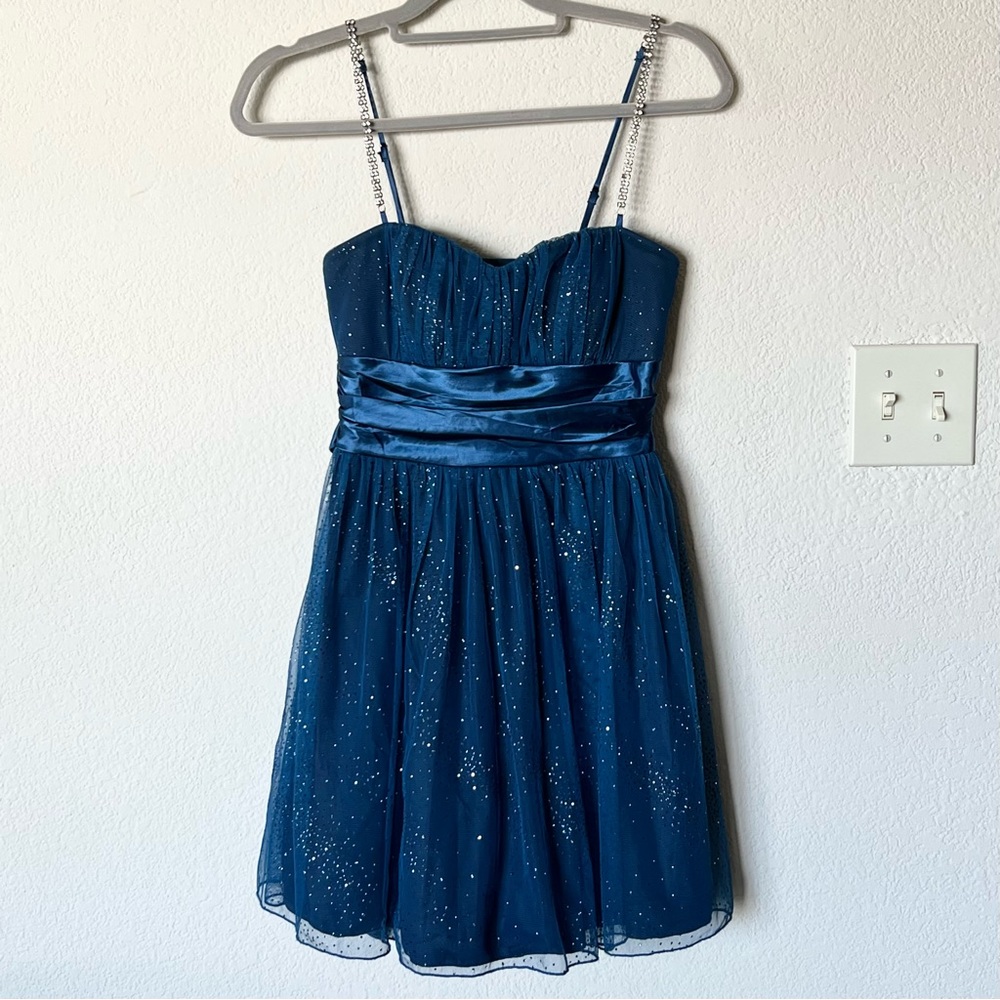 Vintage Y2K 2000s blue glitter rhinestone strap party dress